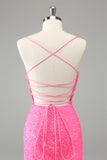 Glitter Hot Pink Bodycon Esparguete Correias Sequins Vestido Curto Homecoming