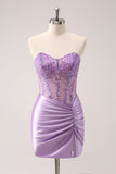 Lilás Strapless Sequins Corset Ruched Tight Homecoming Dress