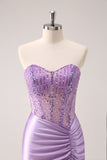 Lilás Strapless Sequins Corset Ruched Tight Homecoming Dress