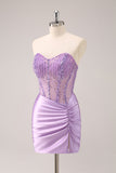 Lilás Strapless Sequins Corset Ruched Tight Homecoming Dress