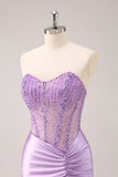 Lilás Strapless Sequins Corset Ruched Tight Homecoming Dress