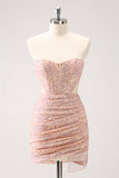 Blush Bodycon Strapless Hollow out Sequins Ruched Homecoming Vestido com Tassel