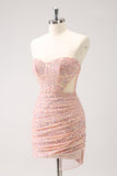 Blush Bodycon Strapless Hollow out Sequins Ruched Homecoming Vestido com Tassel