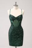 Verde escuro Bodycon Esparguete Correias Espartilho Vestido Curto Homecoming com Sequins