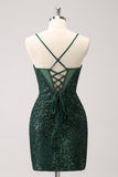 Verde escuro Bodycon Esparguete Correias Espartilho Vestido Curto Homecoming com Sequins