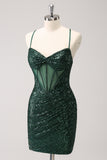 Verde escuro Bodycon Esparguete Correias Espartilho Vestido Curto Homecoming com Sequins