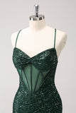 Verde escuro Bodycon Esparguete Correias Espartilho Vestido Curto Homecoming com Sequins