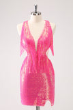 Sparkly Fuchsia V-Neck Backless Tight Homecoming Vestido com Tassel