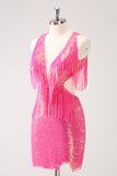 Sparkly Fuchsia V-Neck Backless Tight Homecoming Vestido com Tassel