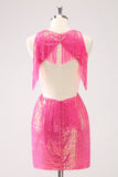 Sparkly Fuchsia V-Neck Backless Tight Homecoming Vestido com Tassel