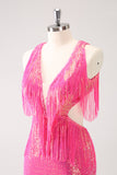 Sparkly Fuchsia V-Neck Backless Tight Homecoming Vestido com Tassel