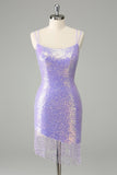 Sparkly Lilac Bodycon Sequins Vestido Curto Homecoming com Tassels