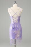 Sparkly Lilac Bodycon Sequins Lace Up Back Short Homecoming Dress com Tassels