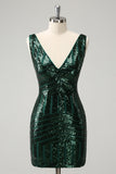 Glitter Verde Escuro Apertado V Neck Sequins Homecoming Dress com Folhos Destacáveis