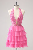 Hot Pink A Line Halter Tiered Corset Vestido Curto Homecoming