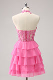 Hot Pink A Line Halter Tiered Corset Vestido Curto Homecoming