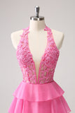 Hot Pink A Line Halter Tiered Corset Vestido Curto Homecoming