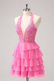 Hot Pink A Line Halter Tiered Corset Vestido Curto Homecoming