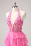 Hot Pink A Line Halter Tiered Corset Vestido Curto Homecoming