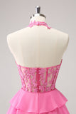 Hot Pink A Line Halter Tiered Corset Vestido Curto Homecoming