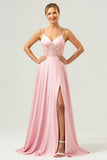 Rosa A-Line Espaghetti Correias Cetim Corset Long Vestido de Dama de Honra com Fenda