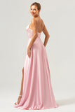 Rosa A-Line Espaghetti Correias Cetim Corset Long Vestido de Dama de Honra com Fenda