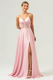 Rosa A-Line Espaghetti Correias Cetim Corset Long Vestido de Dama de Honra com Fenda