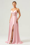 Rosa A-Line Espaghetti Correias Cetim Corset Long Vestido de Dama de Honra com Fenda