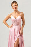 Rosa A-Line Espaghetti Correias Cetim Corset Long Vestido de Dama de Honra com Fenda