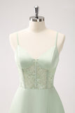 Verde Esparguete Correias A-Line Cetim Long Corset Vestido Madrinha com Fenda