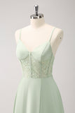 Verde Esparguete Correias A-Line Cetim Long Corset Vestido Madrinha com Fenda