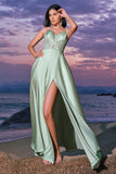 Rosa A-Line Espaghetti Correias Cetim Corset Long Vestido de Dama de Honra com Fenda