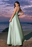 Rosa A-Line Espaghetti Correias Cetim Corset Long Vestido de Dama de Honra com Fenda