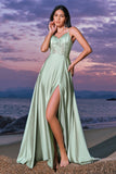 Rosa A-Line Espaghetti Correias Cetim Corset Long Vestido de Dama de Honra com Fenda