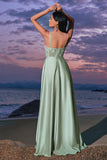Rosa A-Line Espaghetti Correias Cetim Corset Long Vestido de Dama de Honra com Fenda