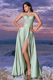 Rosa A-Line Espaghetti Correias Cetim Corset Long Vestido de Dama de Honra com Fenda