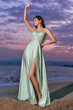 Rosa A-Line Espaghetti Correias Cetim Corset Long Vestido de Dama de Honra com Fenda