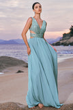 Cinzento Verde Linha A Sequins Chiffon Vestido Madrinha