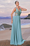 Cinzento Verde Linha A Sequins Chiffon Vestido Madrinha