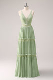 Vestido de dama de honra floral babado verde com renda