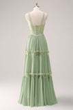 Vestido de dama de honra floral babado verde com renda