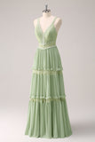 Vestido de dama de honra floral babado verde com renda