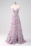 Cinzento roxo floral uma linha Corset Halter vestido de dama de honra com fenda