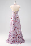 Cinzento roxo floral uma linha Corset Halter vestido de dama de honra com fenda