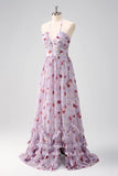 Cinzento roxo floral uma linha Corset Halter vestido de dama de honra com fenda