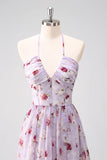 Cinzento roxo floral uma linha Corset Halter vestido de dama de honra com fenda
