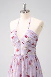Cinzento roxo floral uma linha Corset Halter vestido de dama de honra com fenda