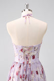 Cinzento roxo floral uma linha Corset Halter vestido de dama de honra com fenda