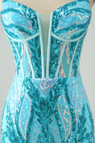 Sparkly Blue Bodycon Esparguete Correias Corset Homecoming Dress com Sequins