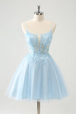 Bonito Glitter Blue A Line Beaded Corset Tulle Homecoming Dress with Appliques